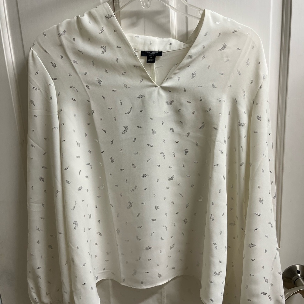 Ann Taylor Ivory Blouse with Tiny Gray Ditsy Print